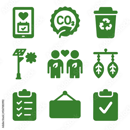 Eco Event Icons. Solid, filled icons set of green event planning tools: digital invitation, carbon offset