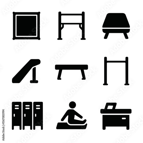 Gymnastics Icon Grid. Solid, filled icon set of gymnastics training facility: gym floor, uneven bars, trampoline, vault runway,