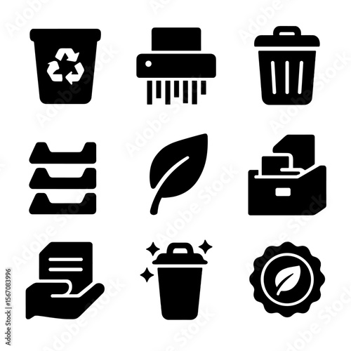 Eco Icon Collection. Solid, filled icons set of paper decluttering and recycling: recycle bin, shredder, trash