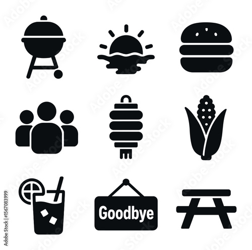 End-of-Summer Icon Set. Solid, filled icons set of end-of-summer cookout: grill, sunset, burger, group icon,