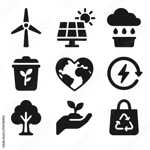 Eco Icons Grid. Solid, filled icons set of climate-conscious design themes: wind turbine, solar rays,
