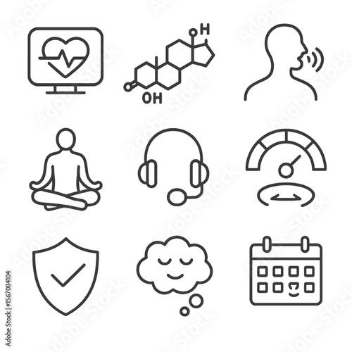 Emotional Regulation Icons. Outline icon set of emotional response and regulation: heart rate monitor, cortisol molecule,