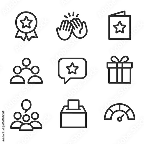 Employee Engagement Icons. Outline icon set of employee recognition and engagement: star recognition badge, applause hands, thank