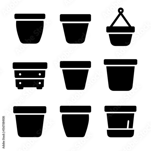 Flower Pot Icons. Solid, filled icon set of flower pot types: ceramic pot, clay pot, hanging pot, wooden planter, plastic pot,