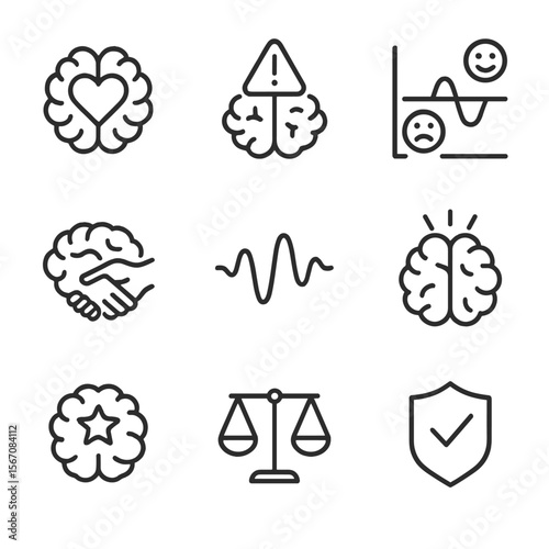Emotional Regulation Icons. Outline icon set of emotional regulation and brain: limbic system heart overlay, stress response alert