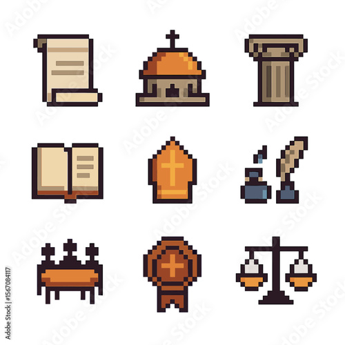 Theological Icons Grid. Pixel art icon set of theological councils and creeds: Nicaea scroll, Chalcedon dome, Constantinople