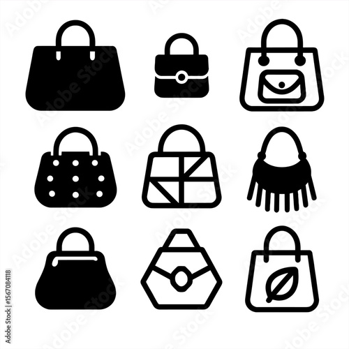 Handbag Icon Collection. Solid, filled icon set of handbag trends: oversized bag, mini bag, transparent bag, embellished bag,