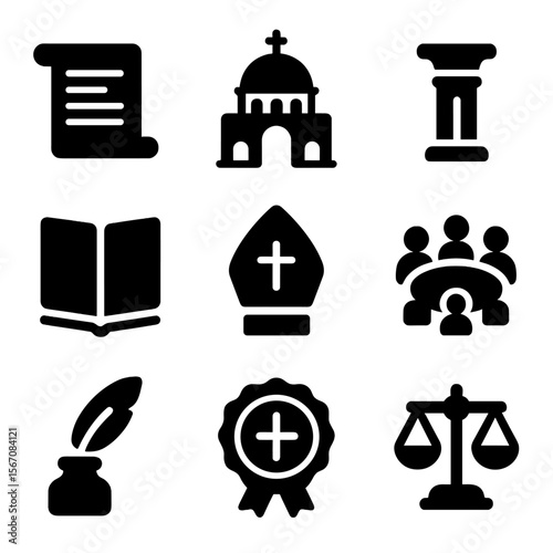 Theological Icons Grid. Solid, Filled icon set of theological councils and creeds: Nicaea scroll, Chalcedon dome, Constantinople