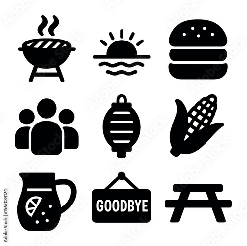 End-of-Summer Cookout Icons. Solid, filled icons set of end-of-summer cookout: grill, sunset, burger, group