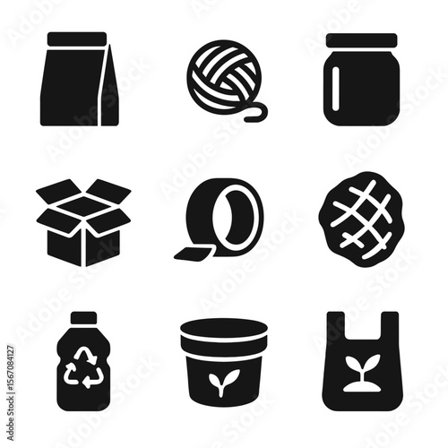 Eco Packaging Icons. Solid, filled icons set of eco-friendly packaging: kraft paper, cotton twine, glass jar,