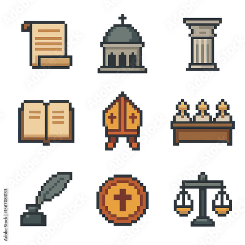 Theological Icons Grid. Pixel art icon set of theological councils and creeds: Nicaea scroll, Chalcedon dome, Constantinople