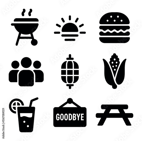 End-of-Summer Cookout Icons. Solid, filled icons set of end-of-summer cookout: grill, sunset, burger, group