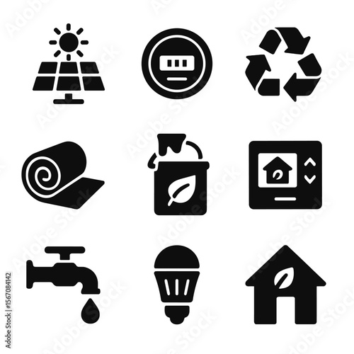 Eco Renovation Icons. Solid, filled icons set of eco-friendly renovation: solar panel, energy meter, recycled