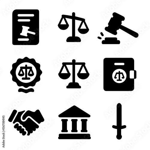Legal Icons Grid. Solid, filled icon set of legal outcomes: verdict document, scales tipping, gavel striking, court seal, legal