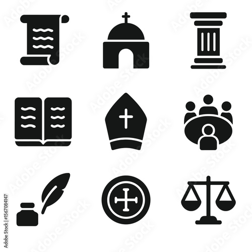 Theological Icons Grid. Solid, Filled icon set of theological councils and creeds: Nicaea scroll, Chalcedon dome, Constantinople
