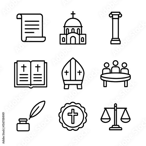 Theological Icon Set. Outline icon set of theological councils and creeds: Nicaea scroll, Chalcedon dome, Constantinople column,