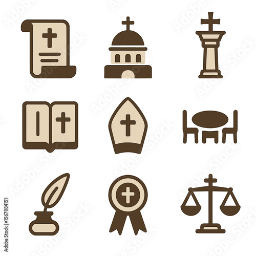 Theological Icon Grid. Flat icon set of theological councils and creeds: Nicaea scroll, Chalcedon dome, Constantinople column,