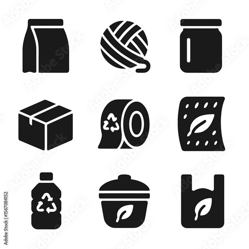 Eco Packaging Icons. Solid, filled icons set of eco-friendly packaging: kraft paper, cotton twine, glass jar,