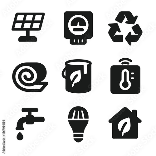 Eco Renovation Icons. Solid, filled icons set of eco-friendly renovation: solar panel, energy meter, recycled