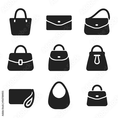 Handbag Icon Set. Solid, filled icon set of handbags: tote bag, clutch, crossbody bag, satchel, backpack purse, bucket bag,