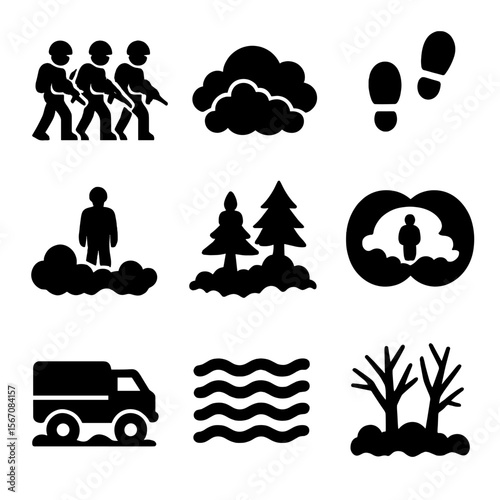 Foggy Military Patrol. Solid, filled icon set of military patrol in fog: soldiers walking, mist cloud, trail footprints, distant
