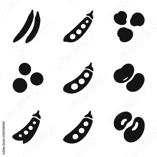 Legume Icon Grid. Solid, filled icon set of legumes and pods: green beans, peas, chickpeas, lentils, soybeans, fava beans, snap