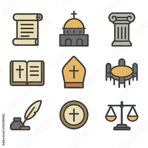 Theological Icon Grid. Flat icon set of theological councils and creeds: Nicaea scroll, Chalcedon dome, Constantinople column,