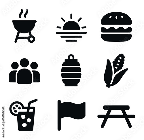 Summer Cookout Icons. Solid, filled icons set of end-of-summer cookout: grill, sunset, burger, group icon,