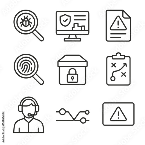 Threat Detection Icons. Outline icon set of threat detection and response: malware scanner, SOC console, incident report document,