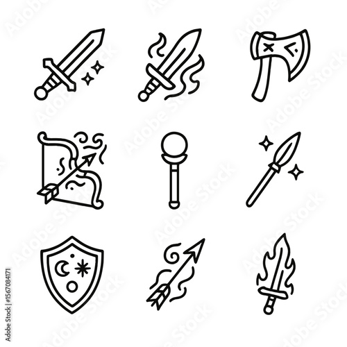 Enchanted Weapon Icons. Outline icon set of enchanted weapons: legendary sword, mystical dagger, runic axe, magical bow,