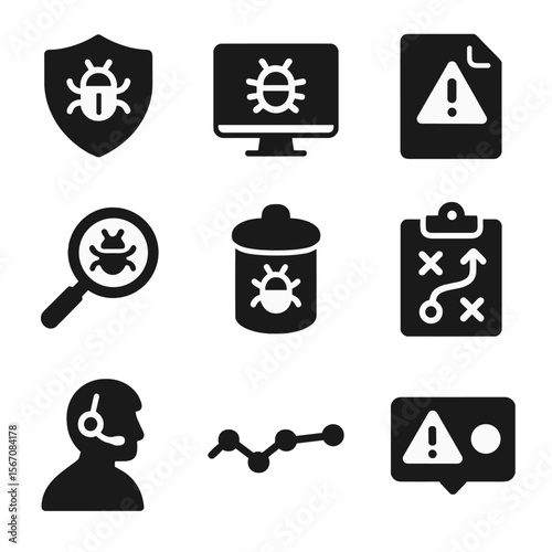 Threat Detection Icons. Solid, Filled icon set of threat detection and response: malware scanner, SOC console, incident report
