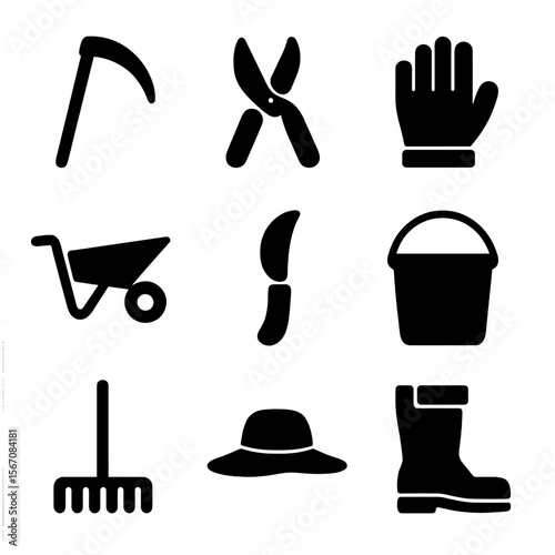 Harvesting Tools Icons. Solid, filled icon set of Harvesting tools: scythe, pruning shears, gloves, wheelbarrow, harvesting knife,