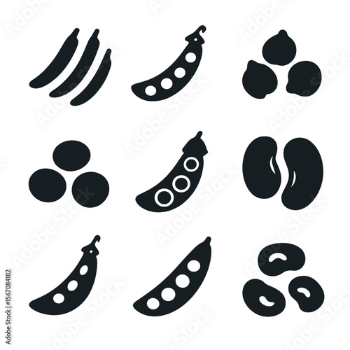 Legume Icon Grid. Solid, filled icon set of legumes and pods: green beans, peas, chickpeas, lentils, soybeans, fava beans, snap