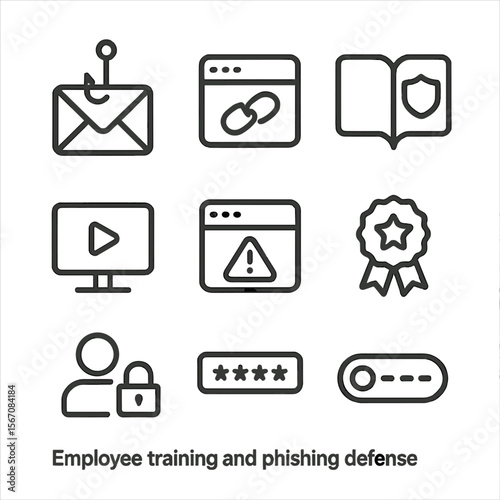 Employee Training Icons. Outline icon set of employee training and phishing defense: phishing email envelope, suspicious link icon