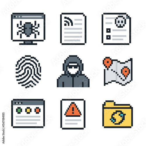 Threat Intel Icons. Pixel art icon set of threat intelligence sources: dark web monitor, open source feed, IOC list, malware hash,