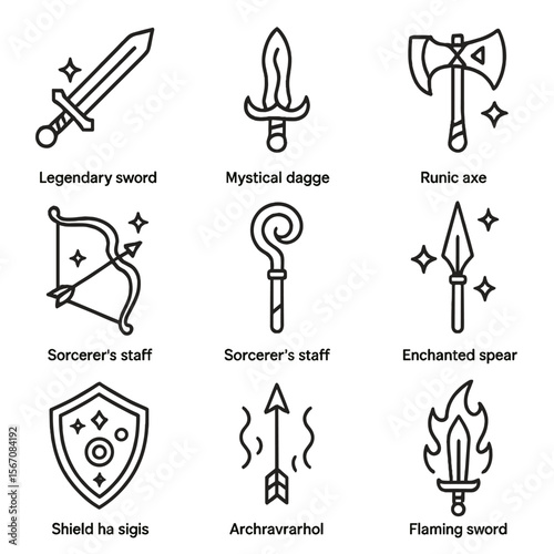 Enchanted Weapon Icons. Outline icon set of enchanted weapons: legendary sword, mystical dagger, runic axe, magical bow,