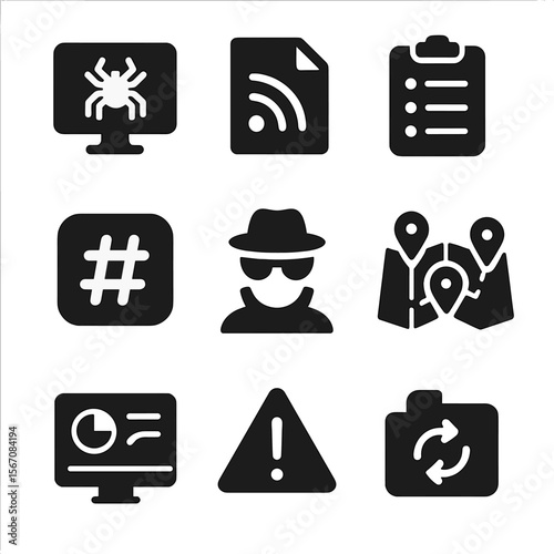 Threat Intelligence Icons. Solid, Filled icon set of threat intelligence sources: dark web monitor, open source feed, IOC list,