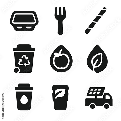 Eco Street Food Icons. Solid, filled icons set of eco-friendly street food: compostable tray, bamboo fork,