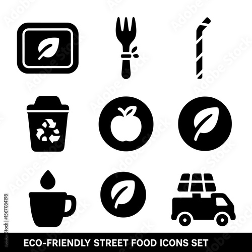 Eco Street Food Icons. Solid, filled icons set of eco-friendly street food: compostable tray, bamboo fork,