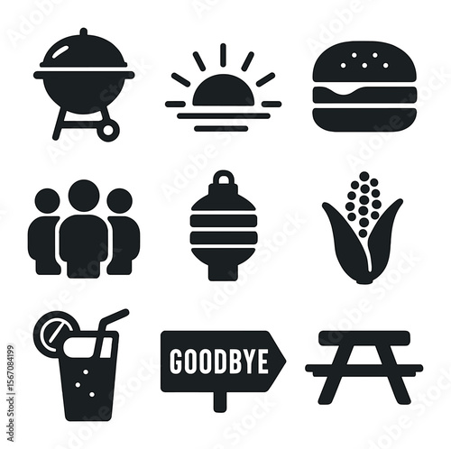 End-of-Summer Cookout Icons. Solid, filled icons set of end-of-summer cookout: grill, sunset, burger, group