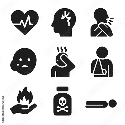 Health Emergency Icons. Solid, filled icon set of health emergencies: heart attack, stroke, choking, allergic reaction, fever,