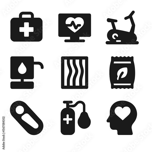 Life Support Icons. Solid, filled icon set of life support and health: medical kit, heart monitor, exercise bike, water purifier,