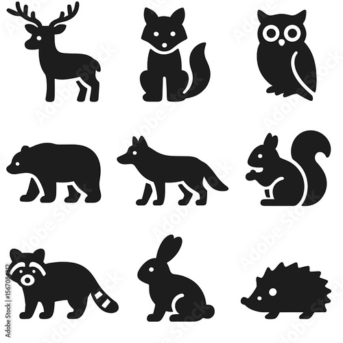 Forest Creature Icons. Solid, filled icon set of forest creatures: deer, fox, owl, bear, wolf, squirrel, raccoon, rabbit, hedgehog