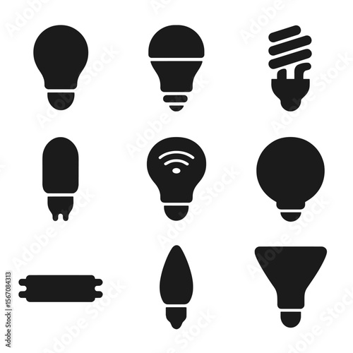 Lightbulb Icon Set. Solid, filled icon set of types of lightbulbs: incandescent bulb, LED bulb, CFL bulb, halogen bulb, smart bulb