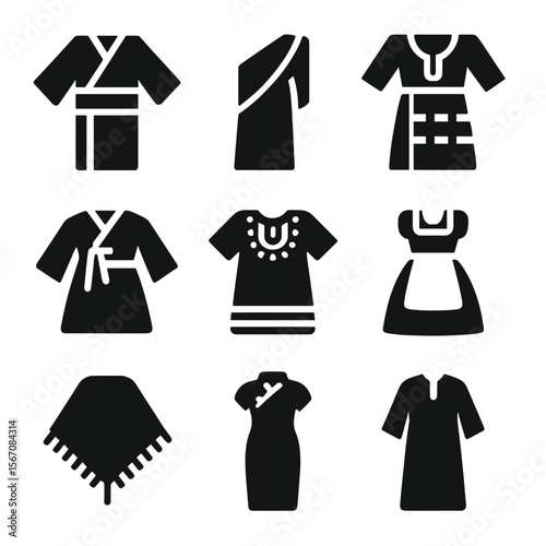 Traditional Clothing Icons. Solid, Filled icon set of traditional clothing: kimono, sari, kilt, hanbok, dashiki, dirndl, poncho,