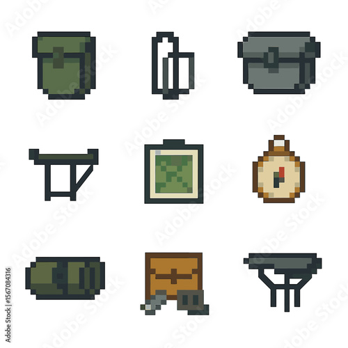 Touring Bicycle Gear Icons. Pixel art icon set of touring bicycle gear: pannier bag, water bottle cage, handlebar bag, tent rack,