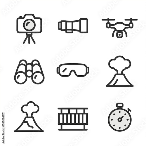 Eruption Photography Icons. Outline icon set of eruption photography and viewing: camera on tripod, telephoto lens, drone aerial