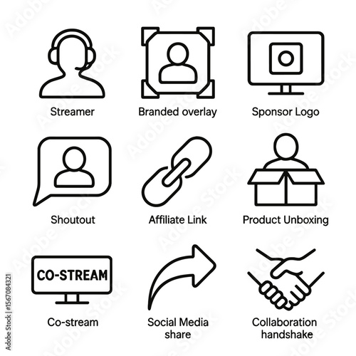 Esports Collaboration Icons. Outline icon set of influencer collaborations in esports: streamer silhouette with headset, branded