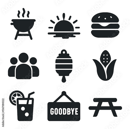 Summer Cookout Icons. Solid, filled icons set of end-of-summer cookout: grill, sunset, burger, group icon,