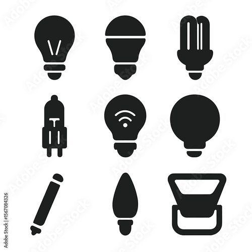 Lightbulb Icon Set. Solid, filled icon set of types of lightbulbs: incandescent bulb, LED bulb, CFL bulb, halogen bulb, smart bulb